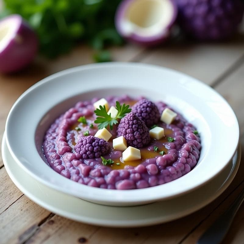 Plato hondo blanco con risotto de coliflor morada y queso de cabra en Thermomix, cremoso y vibrante, decorado con ramilletes de coliflor al vapor y perejil fresco picado.