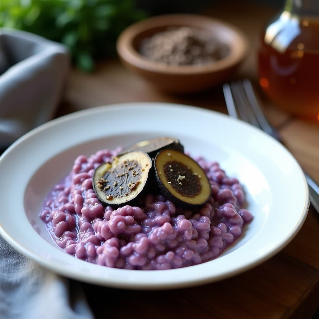 Plato hondo de cerámica blanca con risotto de coliflor morada vibrante, cremoso y decorado con láminas de trufa negra y un hilo de aceite de oliva. Fondo rústico con mantel de lino gris y cubiertos de madera.