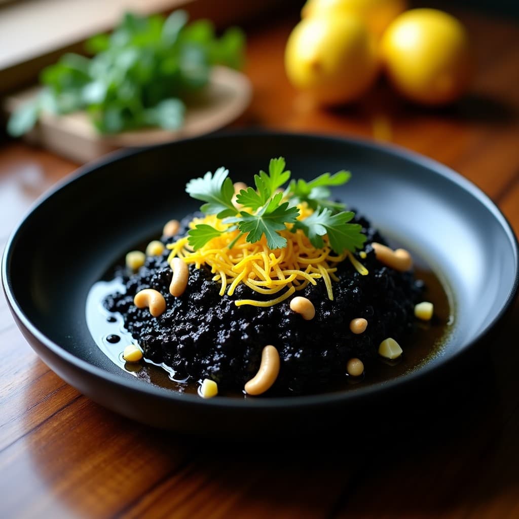 Plato hondo negro con risotto de coliflor de color negro intenso, decorado con almendras fileteadas doradas y perejil fresco. Rodaja de limón al lado, realzando el contraste visual y el aroma cítrico.