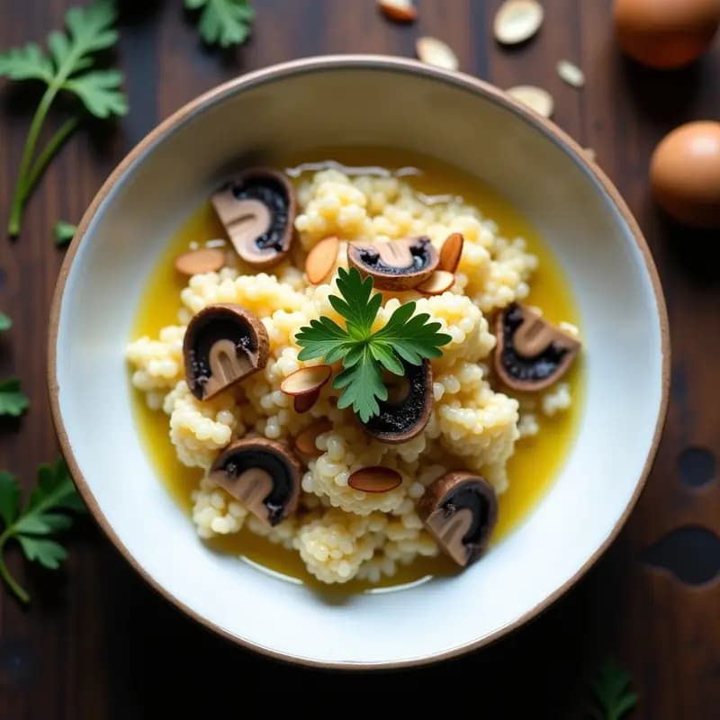 Plato hondo de cerámica blanca con risotto de coliflor cremoso, decorado con láminas doradas de champiñones portobello, virutas de parmesano, almendras tostadas y un hilo de aceite de trufa negra. Fondos desenfocados de cocina rústica italiana.