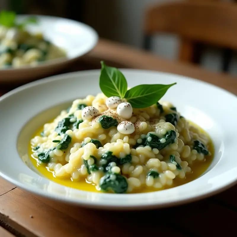 Plato hondo blanco con risotto cremoso de color verde suave, espinacas frescas y trozos de queso de cabra desmenuzado, decorado con pimienta negra y un hilo de aceite de oliva virgen extra.