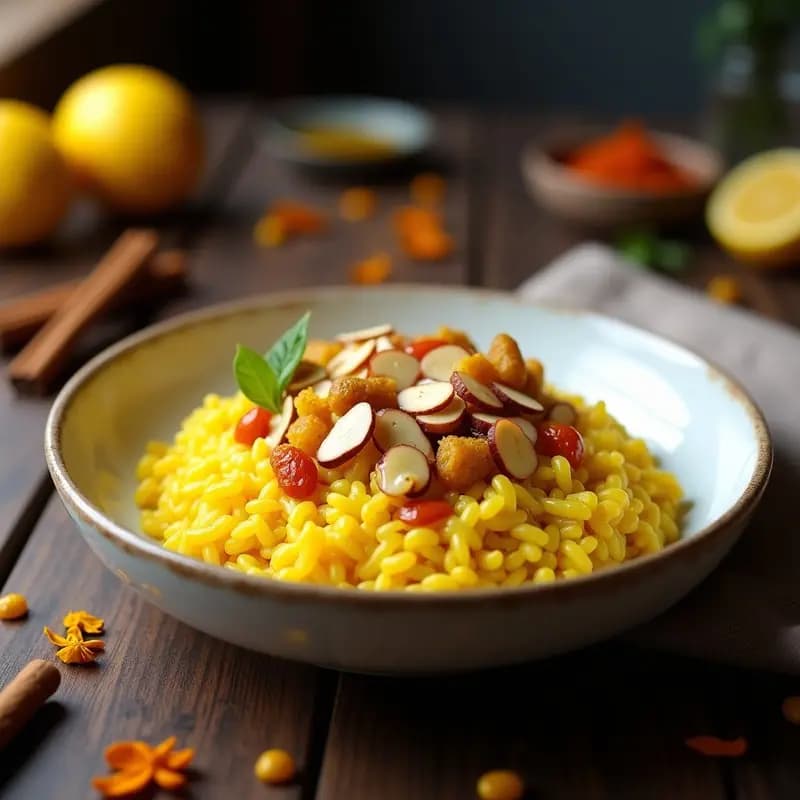 Plato hondo de cerámica blanca con East Meets West Risotto de arroz cremoso con cúrcuma y pollo al estilo persa-iraní, decorado con pistachos tostados, pasas rubias y hierbas frescas (cilantro, menta y perejil).