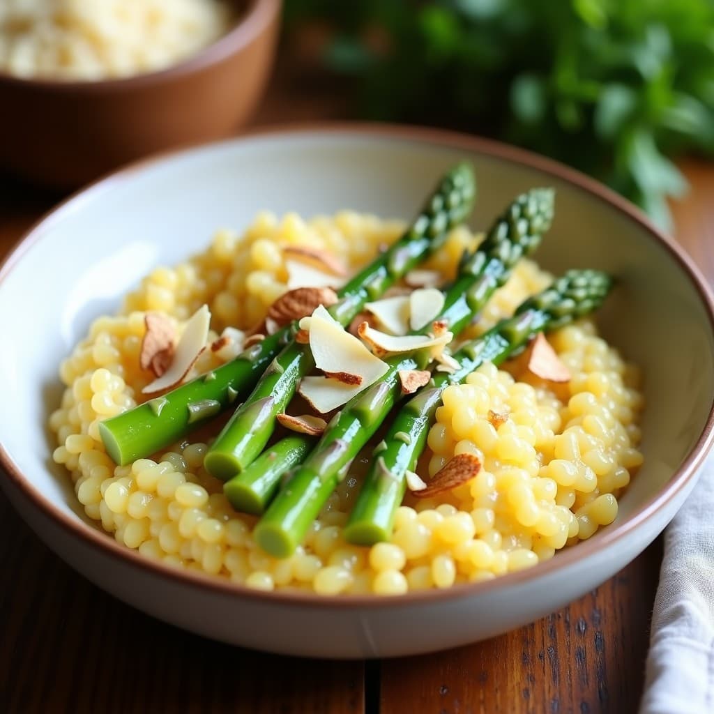 Plato hondo blanco con risotto cremoso de coliflor en grano, espárragos trigueros salteados, trozos de limón confitado dorado y almendras fileteadas tostadas, servido con virutas de parmesano. Receta italiana keto en Thermomix.