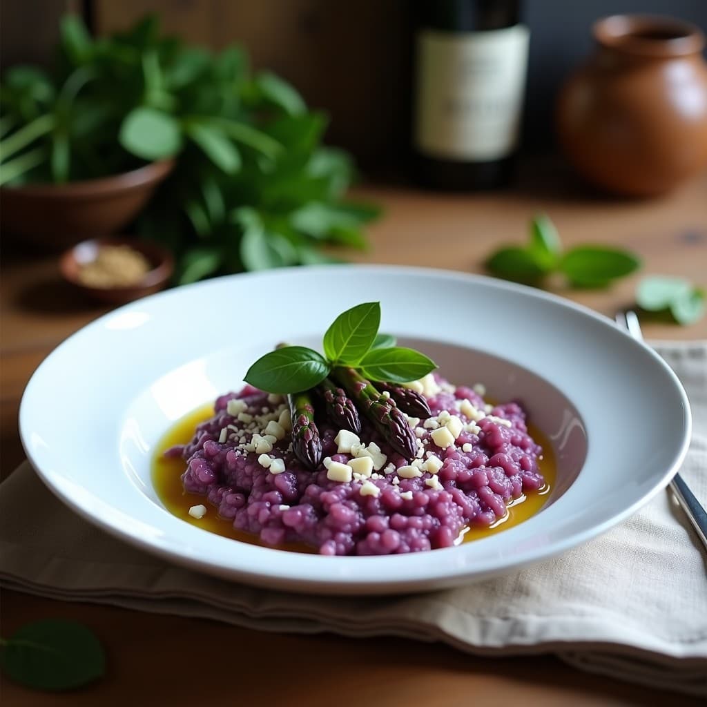 Plato hondo de porcelana blanca con risotto cremoso de color lila claro, trozos de espárragos morados y queso de almendras rallado. Decorado con hojas de albahaca fresca y un hilo de aceite de oliva virgen extra. Fondo de mesa de madera rústica con servilleta de lino.