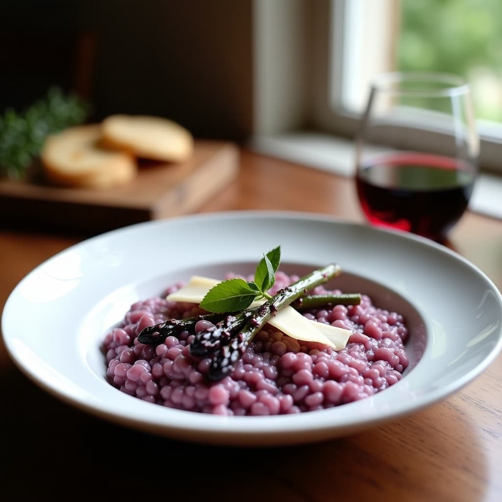 Plato hondo blanco con risotto cremoso de color lila intenso, coronado con puntas de espárragos morados salteados y virutas de queso Parmesano. Fondo borroso con una copa de vino tinto y hierbas frescas, receta italiana en Thermomix.