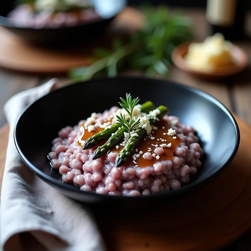 Plato hondo de cerámica negra con risotto cremoso de color lila pálido, decorado con puntas de espárragos morados, trozos de queso azul desmenuzado y un hilo dorado de reducción de oporto. Fondo rústico con servilleta de lino.
