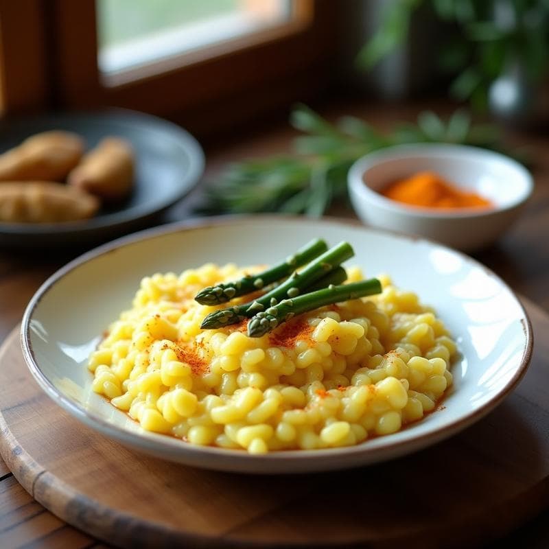 Plato hondo de cerámica blanca con risotto cremoso de color amarillo dorado, trozos de espárragos trigueros verdes y puntas enteras como decoración. Toque de azafrán visible en la textura. Receta de risotto de espárragos trigueros y azafrán en olla rápida.