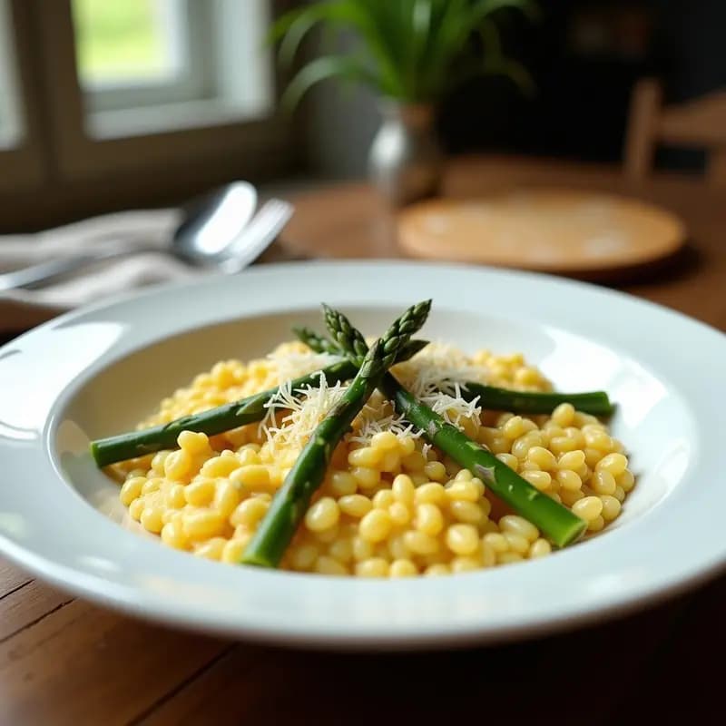 Plato hondo blanco con risotto de espárragos trigueros y azafrán, de color dorado intenso, con trozos de espárragos verdes y puntas enteras. Espolvoreado con queso Parmesano rallado y decorado con hebras de azafrán. Fondo rústico con servilleta de lino.