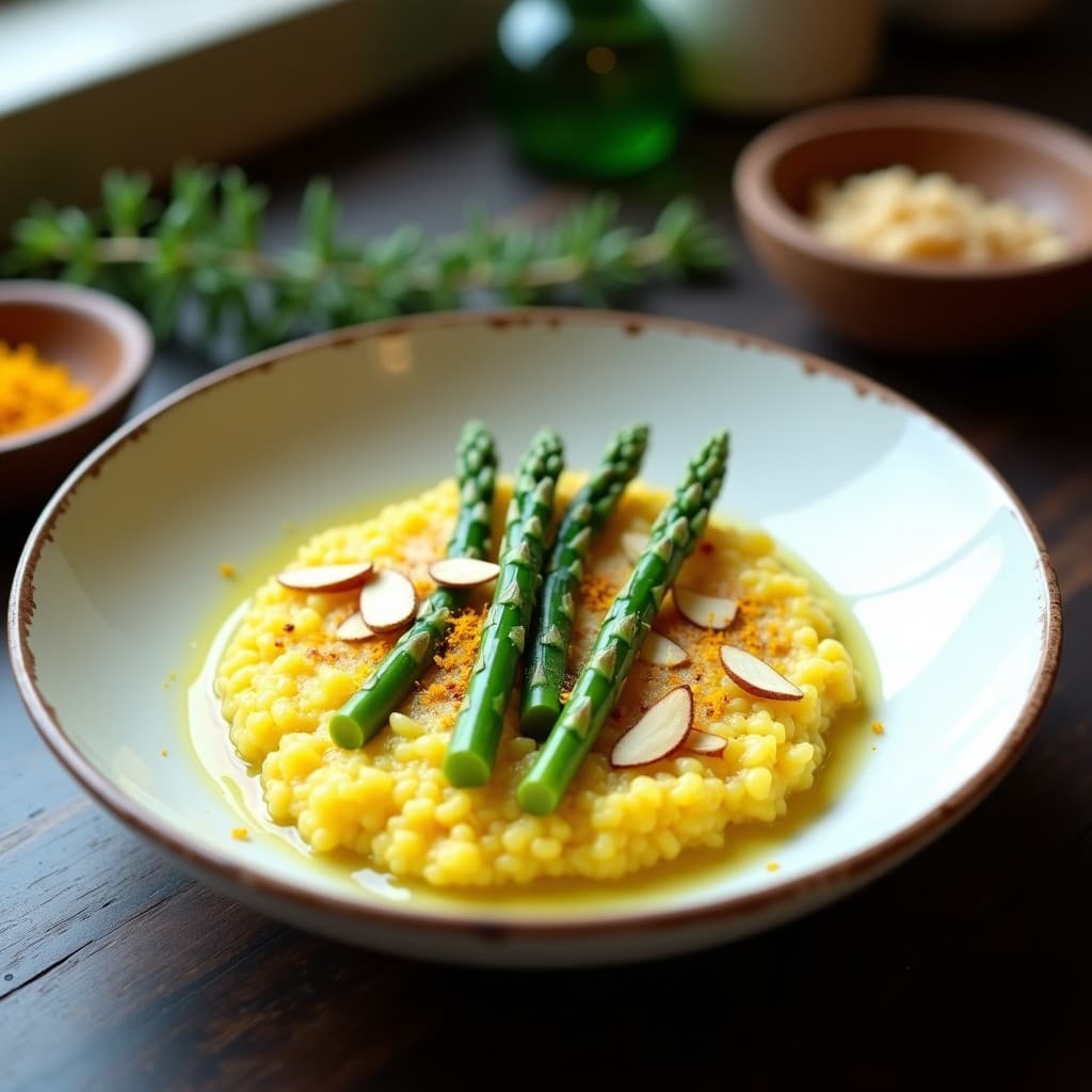 Plato hondo de cerámica blanca con risotto cremoso de color dorado por el azafrán, trozos de espárragos verdes vibrante, almendras fileteadas tostadas y puntas de espárragos como decoración. Receta keto y sin lácteos de risotto de espárragos verdes y azafrán con leche de almendras.