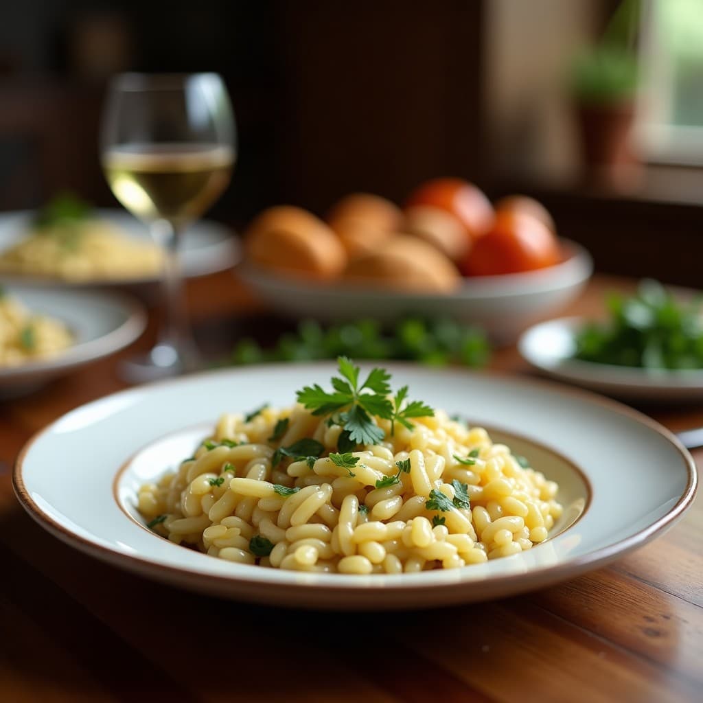 Plato hondo blanco con risotto de espinacas y queso azul en Thermomix, textura cremosa, espinacas frescas y trozos de queso azul desmenuzado.