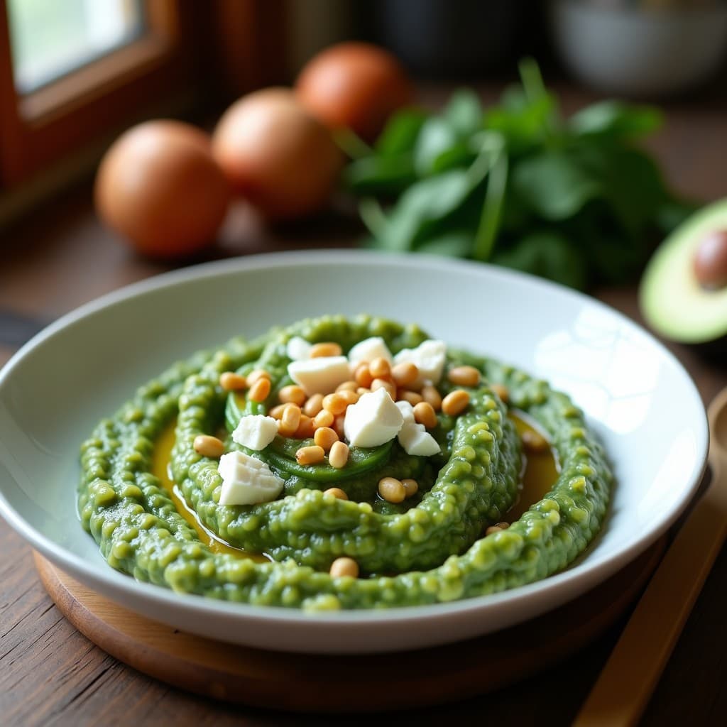 Plato hondo blanco con risotto cremoso de color verde claro por las espinacas, salpicado de queso de cabra desmenuzado y piñones tostados dorados. Fondo de mesa de madera rústica con una cuchara de madera y hierbas frescas.