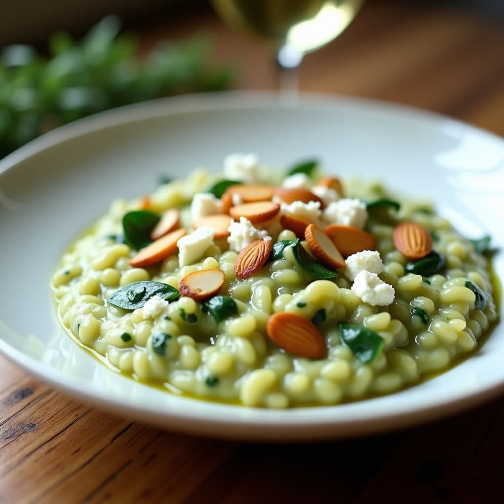 Plato hondo blanco con risotto cremoso de espinacas y queso de cabra, coronado con almendras tostadas y un hilo de aceite de oliva. Receta francesa keto en thermomix con vino blanco.