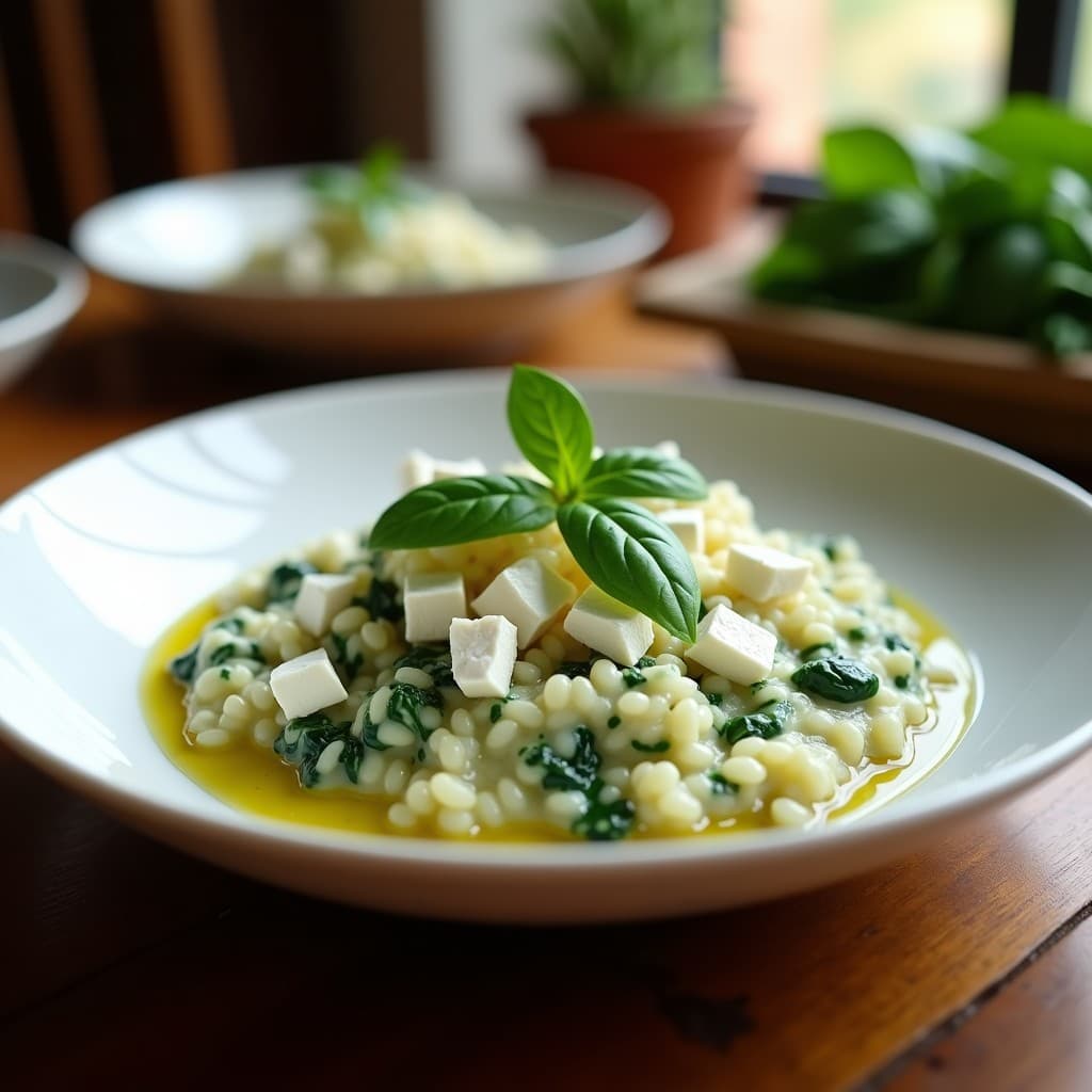 Plato hondo blanco con risotto cremoso de color verde claro, espinacas frescas y trozos de queso feta desmenuzado. Decorado con hojitas de espinaca y un hilo de aceite de oliva. Receta de risotto de espinacas y queso feta en airfryer.