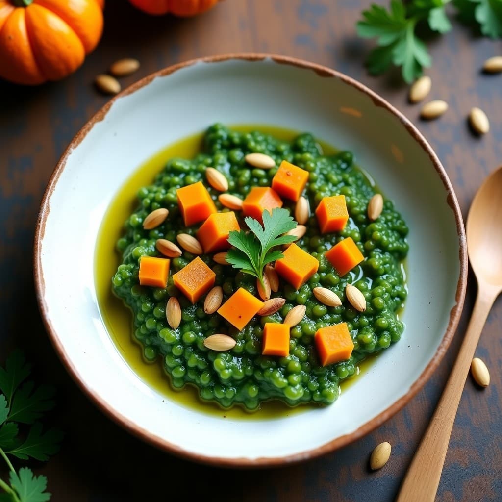 Plato hondo de cerámica blanca con risotto verde esmeralda de espirulina y trozos dorados de calabaza asada, decorado con semillas de calabaza tostadas y perejil fresco, servido en olla exprés con fondo cremoso.