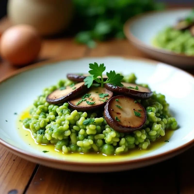 Plato hondo de cerámica blanca con risotto verde cremoso de espirulina y champiñones portobello dorados, decorado con perejil fresco. Receta keto sin lácteos en 25 minutos.