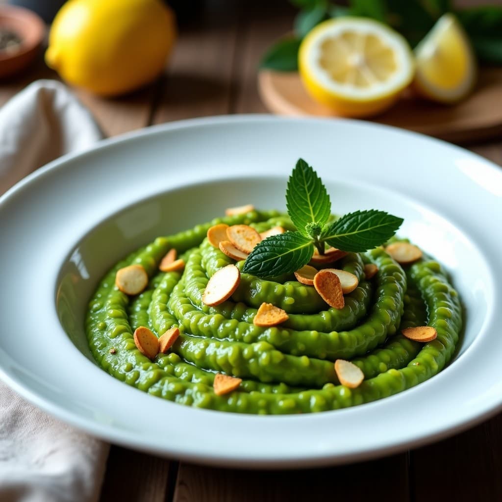 Plato blanco hondo con risotto de color esmeralda intenso, decorado con virutas de almendra doradas y hojas de menta fresca. Al fondo, rodajas de limón y un toque de pimienta negra. Receta de risotto de espirulina y limón con virutas de almendra vegano.