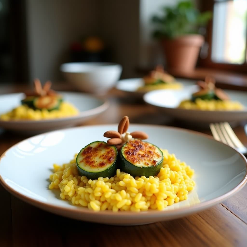 Plato hondo blanco con risotto cremoso de color amarillo dorado por el azafrán, decorado con tiras de flor de calabacín y crujiente de almendras tostadas. Receta italiana sin lactosa.