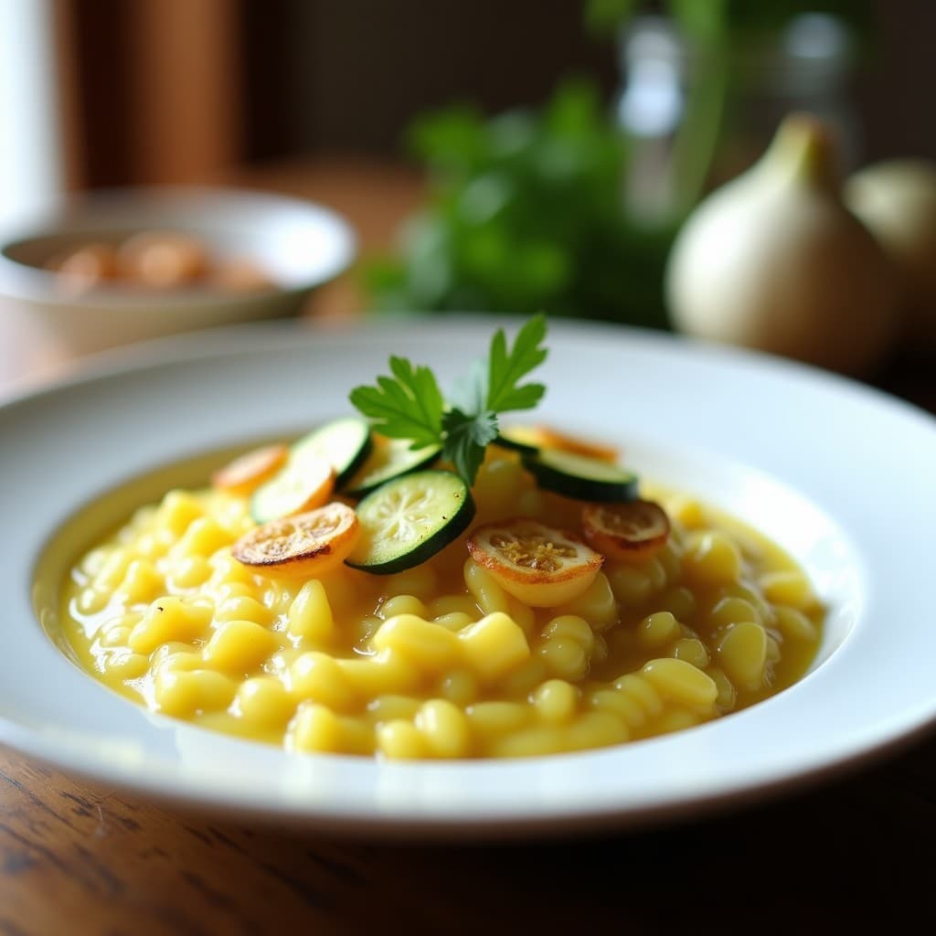 Plato hondo blanco con risotto de flor de calabacín y limón confitado, decorado con almendras tostadas y perejil fresco. Textura cremosa y color dorado con toques verdes y amarillos vibrantes.