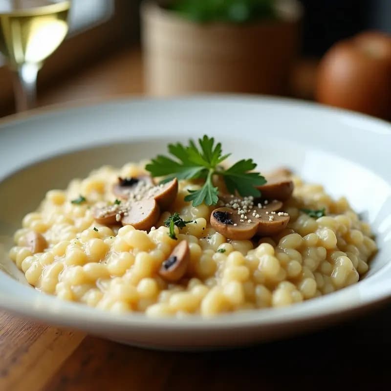 Plato hondo de cerámica blanca con risotto cremoso de color beige claro, trozos de hongo ostreatus dorados y perejil fresco picado por encima. Textura sedosa y brillo del queso rallado. Receta keto de risotto de hongo ostreatus y vino blanco en Thermomix.