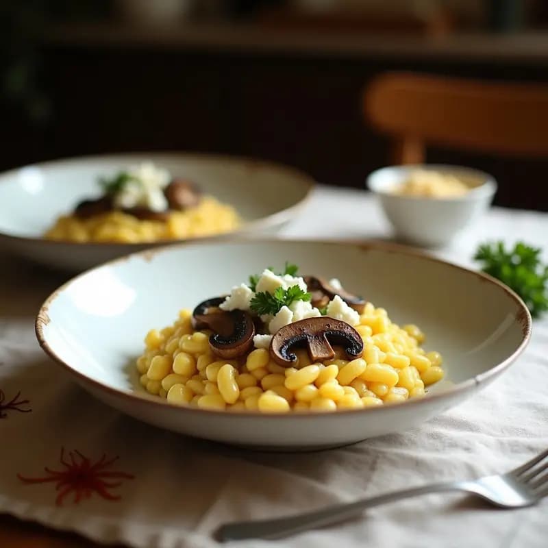 Plato hondo de cerámica blanca con risotto cremoso de color dorado por el azafrán, trozos de hongos portobello dorados y queso de cabra desmenuzado. Decorado con perejil fresco y servir en un mantel rústico de lino.