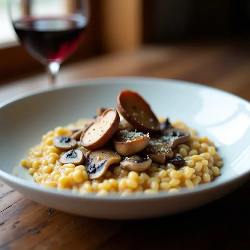 Plato hondo blanco con risotto de hongos morelos y vino tinto, cremoso y brillante, decorado con láminas doradas de hongos y virutas de parmesano, servido sobre una mesa rústica con una copa de vino tinto al fondo.