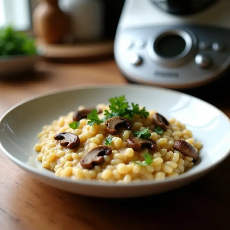 Plato hondo de cerámica blanca con risotto cremoso de color beige, trozos de hongos shiitake dorados y kolrabi en dados, decorado con perejil fresco y un hilo de aceite de oliva. Receta vegana de risotto de hongos shiitake y kolrabi en Thermomix con toque umami.
