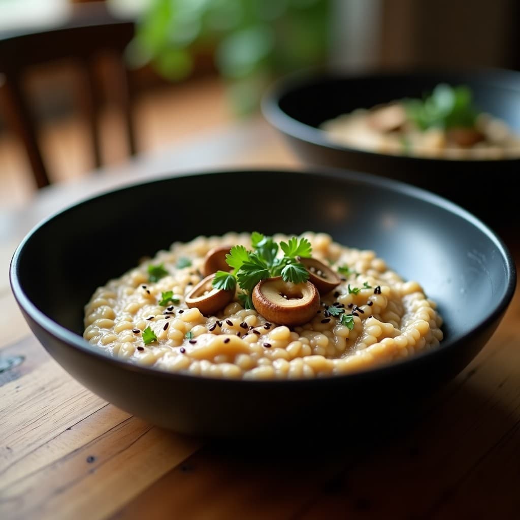 Plato hondo de cerámica negra con risotto cremoso de color marrón claro, trozos de hongos shiitake dorados y semillas de sésamo tostadas espolvoreadas. Decorado con perejil fresco picado y algas nori en copos. Foto en alta definición con luz natural suave, fondo desenfocado de cocina rústica.
