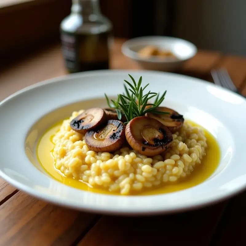 Plato hondo de cerámica blanca con Risolto alla Milanese de color dorado, coronado con láminas jugosas de champiñones portobello asados y un hilo de aceite de trufa negra. Fondos borrosos de ingredientes como cebolla morada, ajo y perejil fresco sobre una mesa de madera rústica.