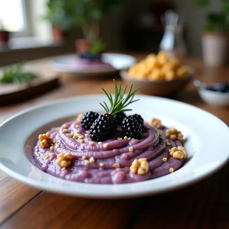 Plato hondo blanco con risotto cremoso de color lila claro, salpicado de moras y arándanos salvajes enteros, nueces picadas y hojas de romero. Textura sedosa y brillo natural por la mantequilla.