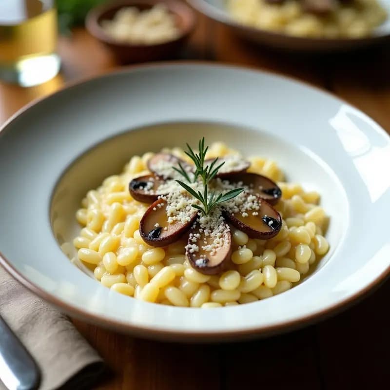 Plato hondo blanco con risotto de morillas y vino blanco, textura cremosa, morillas doradas y virutas de Parmesano, servido con tomillo fresco.