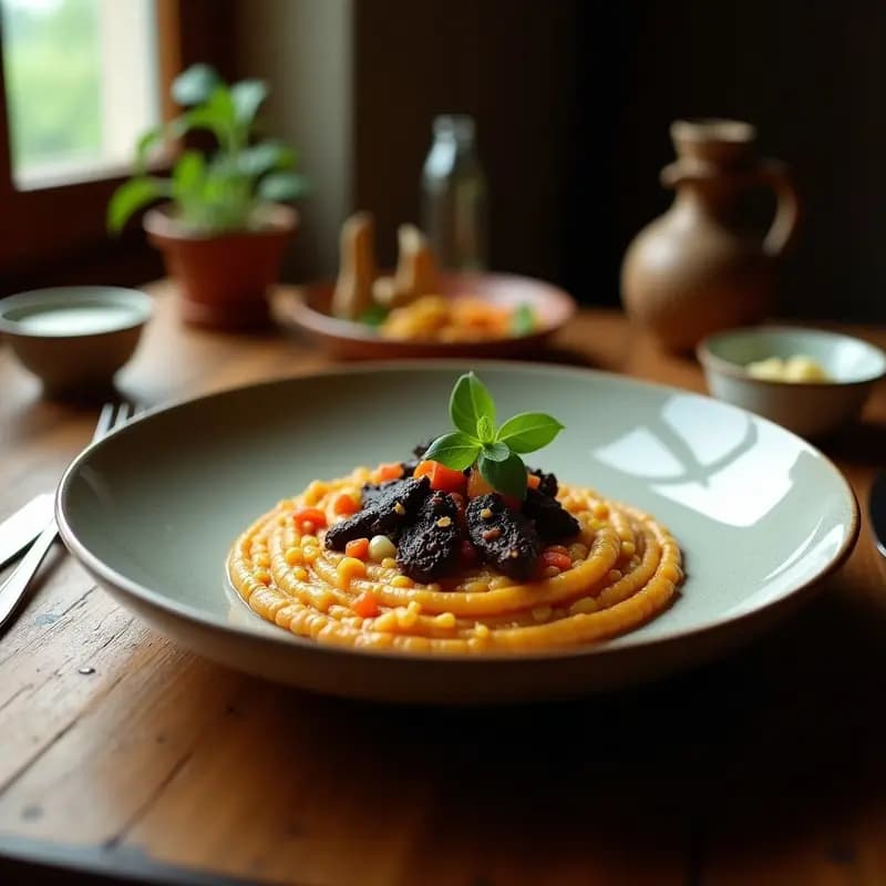 Plato hondo negro con risotto negro cremoso, trozos de calabacín verde y setas shiitake doradas, espolvoreado con perejil fresco y queso parmesano rallado, servido en olla lenta.