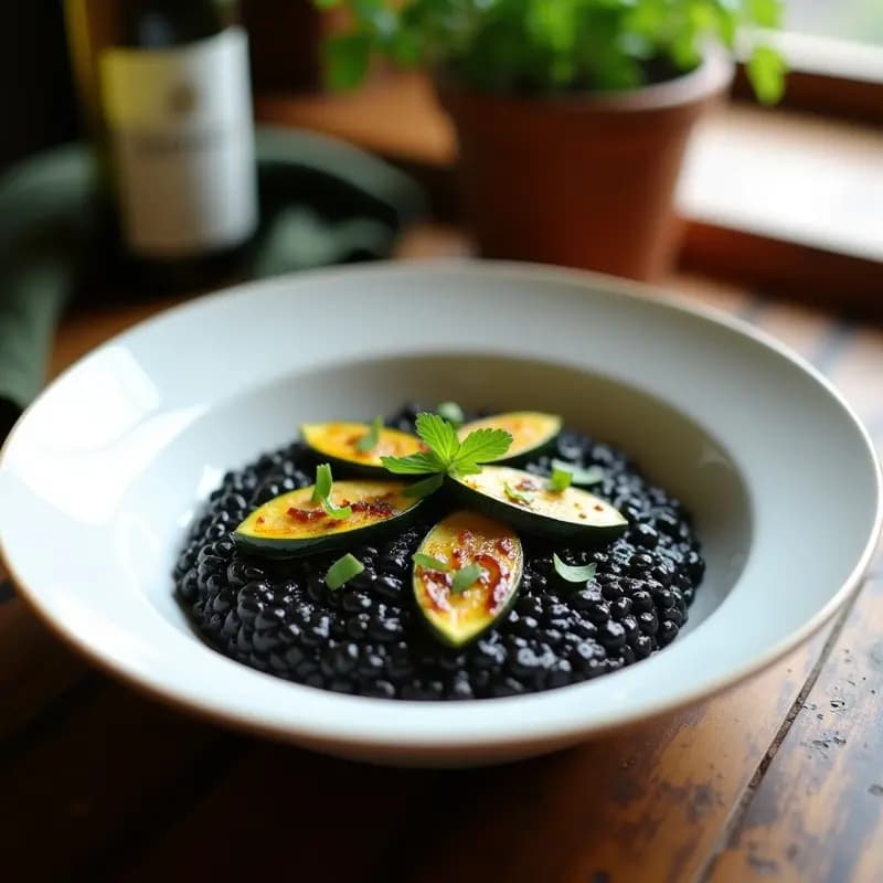 Plato hondo de porcelana blanca con risotto negro cremoso, coronado por rodajas doradas de calabacín asado y perejil fresco, receta italiana gourmet sin lactosa.