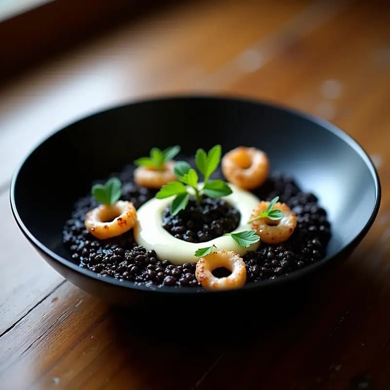 Plato hondo negro con risotto cremoso de color intenso, calamares dorados y un hilo de alioli blanco en el centro, decorado con perejil fresco.
