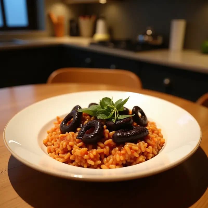 Plato hondo de porcelana blanca con risotto negro cremoso, calamares dorados y perejil fresco, receta olla express.