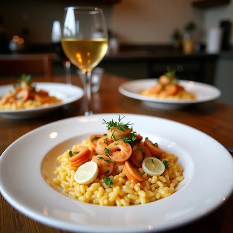 Plato hondo de porcelana blanca con risotto negro brillante, decorado con calamares a la plancha, gambas rosadas y mejillones abiertos. Acompañado de una rodaja de limón y perejil fresco picado, sobre un mantel de lino oscuro.