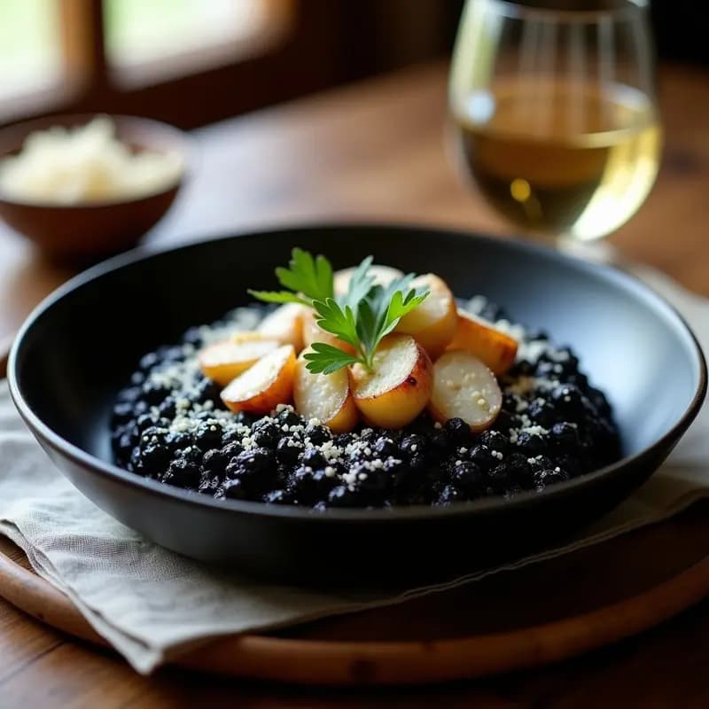 Plato hondo de cerámica negra con risotto negro cremoso, tinta de sepia bien integrada, trozos de sepia y decoración de perejil fresco y queso Parmesano rallado.