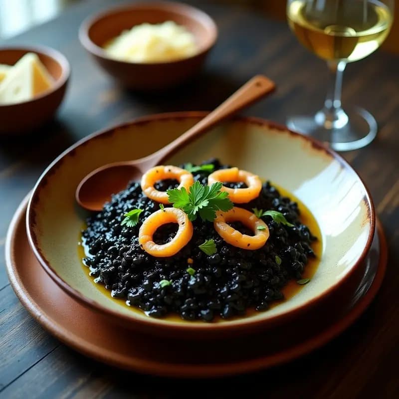 Cazuela de barro con risotto negro cremoso, trozos de sepia y un toque de perejil fresco, receta tradicional mediterránea de risotto con tinta de sepia.