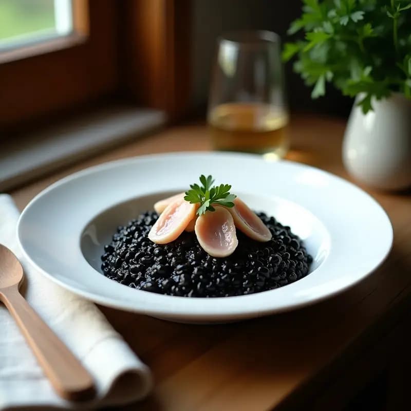 Plato hondo de porcelana blanca con risotto negro brillante, decorado con láminas de ventresca ahumada y perejil fresco, servido con una cuchara de madera.
