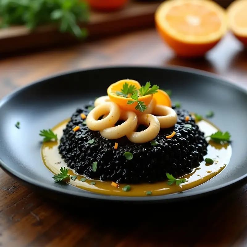Plato hondo de cerámica negra con risotto negro brillante, decorado con calamares dorados, vinagreta de naranja y perejil fresco. Receta gourmet de risotto negro con vinagreta de naranja.