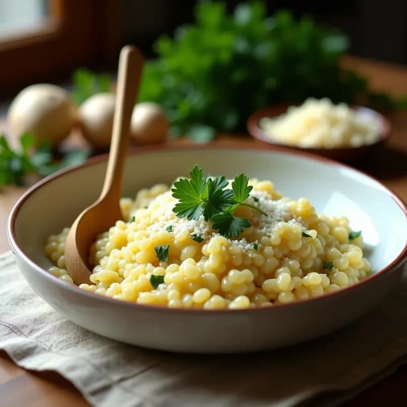Cazuela de cerámica blanca con risotto de raíz de perejil cremoso, decorado con hojas de perejil fresco y virutas de queso Parmesano, sobre un mantel rústico de lino.