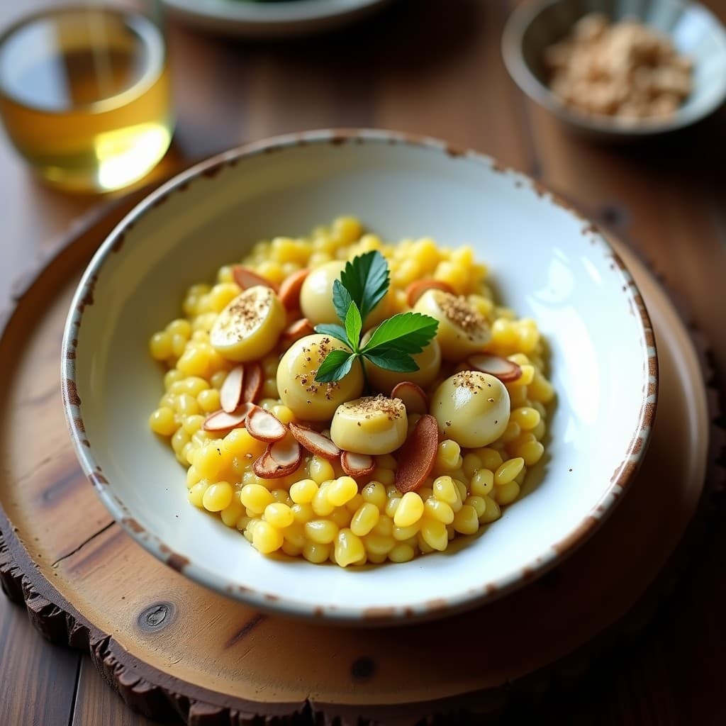 Plato hondo de cerámica blanca con risotto de quinoa y alcachofas con vino blanco, decorado con almendras tostadas y perejil fresco. Textura cremosa y color dorado, servido con una copita de vino blanco al lado.