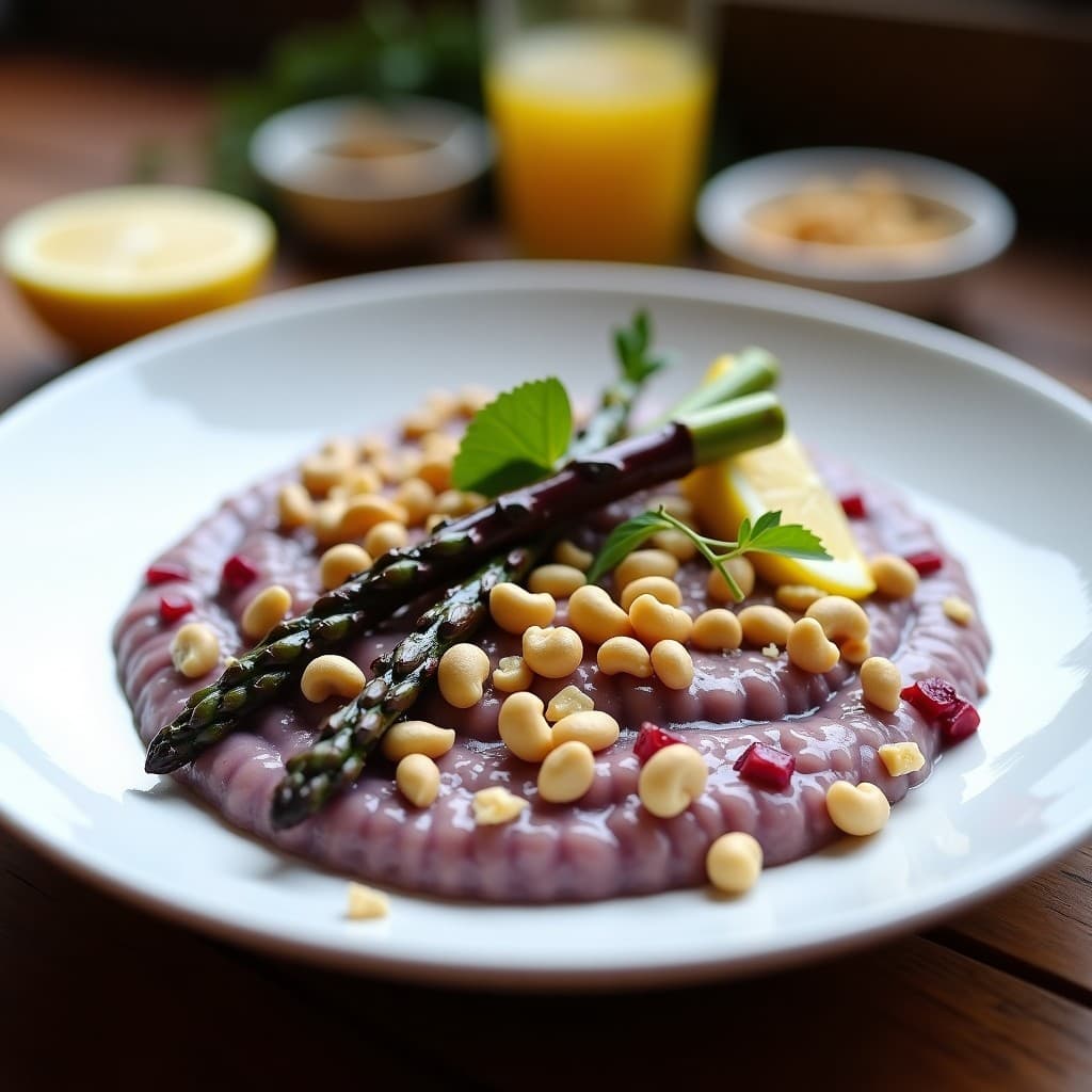 Plato hondo blanco con risotto cremoso de quinoa y trozos de espárragos morados, decorado con puntas de espárragos salteadas y anacardos tostados picados. Fondo rústico de madera con una rodaja de limón al lado.