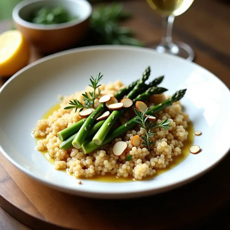 Bowl de quinoa cremosa color beige con trozos de espárragos verdes salteados, reducción de vino blanco brillante, espolvoreado con ajonjolí tostado y perejil fresco. Plato vegano argentino elegante y nutritivo.