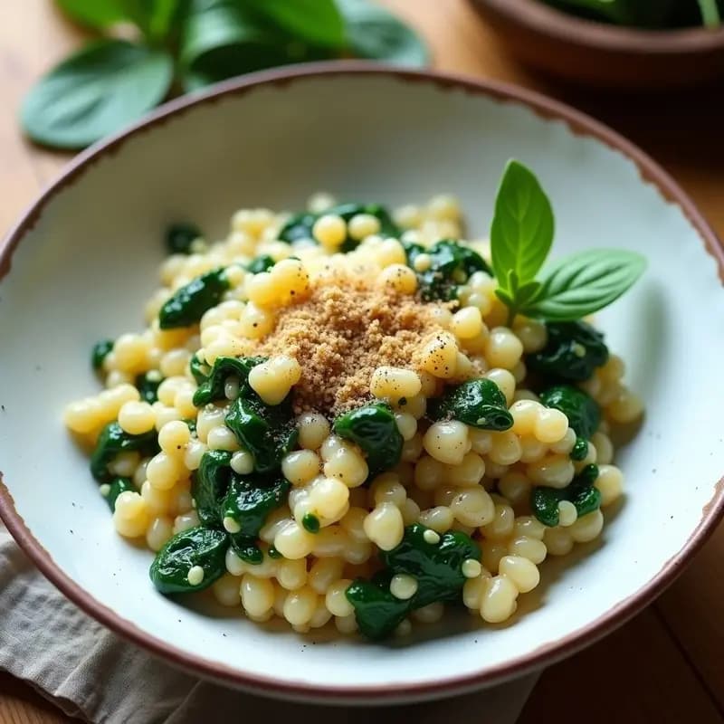 Plato hondo de cerámica blanca con risotto de quinoa y espinacas vegano, textura cremosa, espinacas verdes vibrantes y decorado con levadura nutricional y pimienta negra. Receta rápida y saludable.
