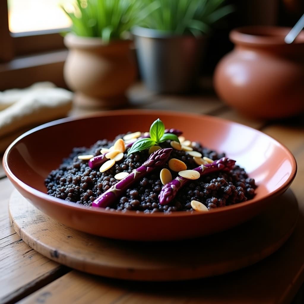 Plato hondo de cerámica negra con risotto cremoso de quinoa negra, espárragos morados en bastones y puntas enteras, decorado con semillas de sésamo tostadas y un chorrito de limón. Fondos de hierbas andinas como muña y huacatay.