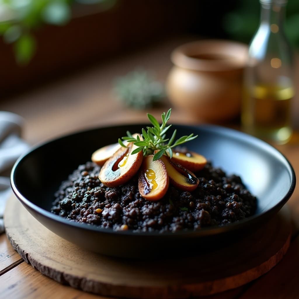 Plato hondo de cerámica negra con risotto de quinoa negra y hongos shiitake, de color oscuro y textura cremosa, decorado con hojas de tomillo fresco y un hilo de aceite de oliva virgen extra. Fondos borrosos de cocina moderna.