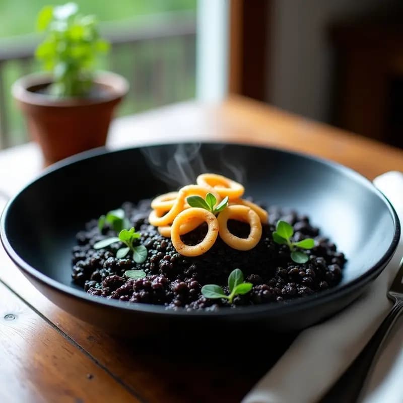 Plato hondo negro con risotto de quinoa negra y tinta de calamar, color oscuro intenso, decorado con perejil fresco y anillos de calamar dorados. Receta italiana sin lácteas en Thermomix.