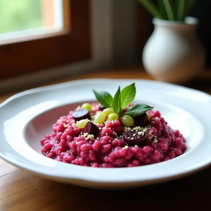 Plato hondo blanco con risotto de remolacha y apio vegano, de color rosa intenso, cremoso y decorado con hojas de apio fresco.