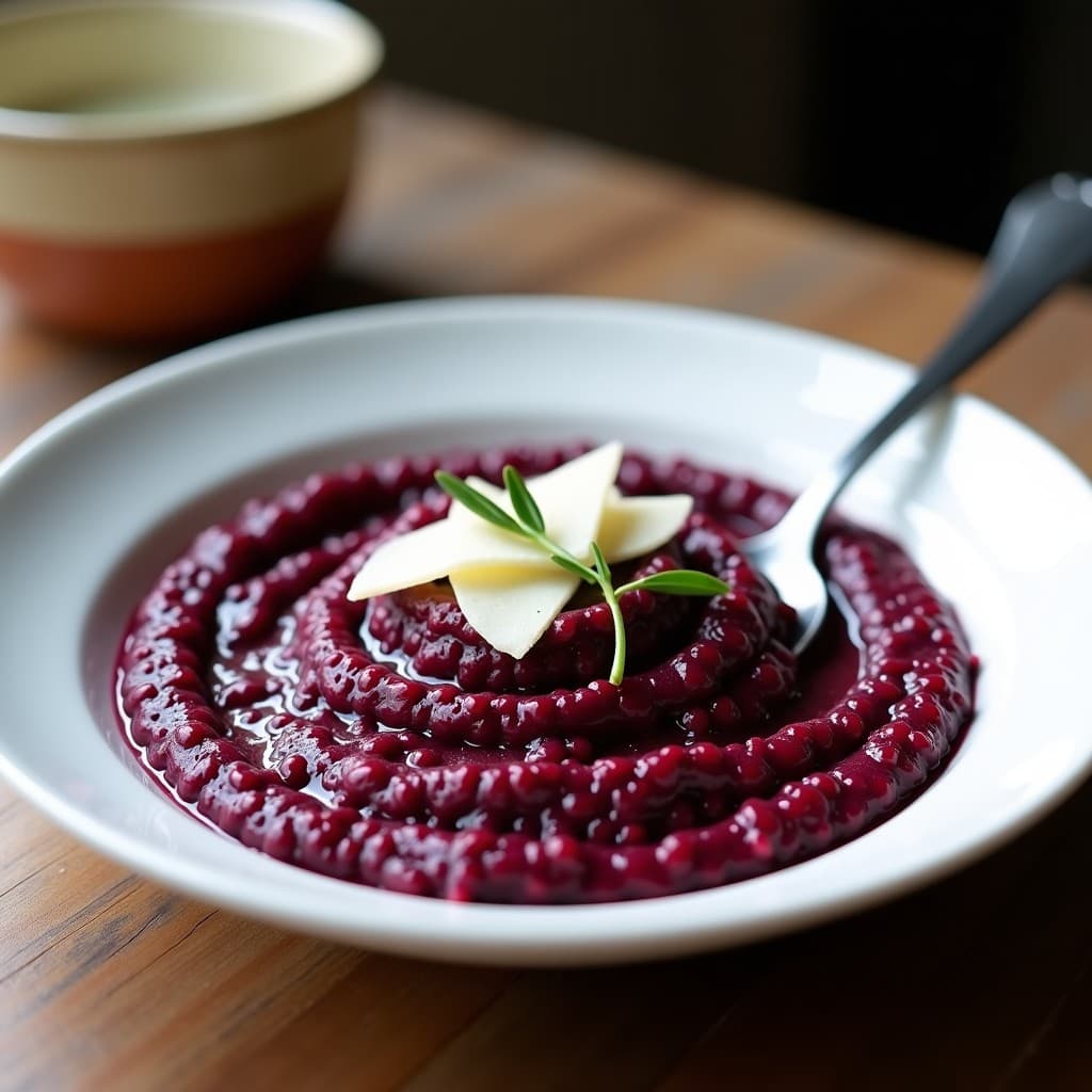 Plato hondo blanco con risotto de arroz negro y remolacha, de color morado intenso, decorado con virutas de parmesano y hojas de tomillo fresco.