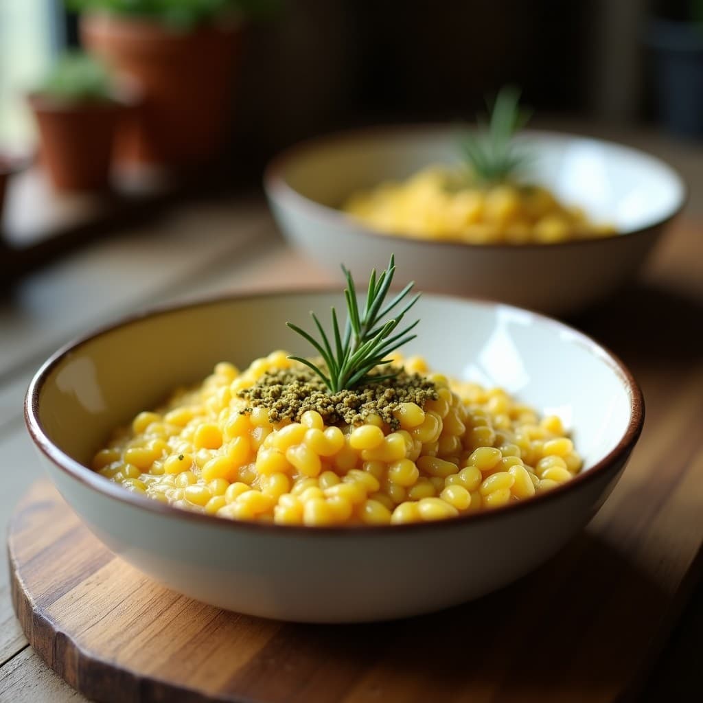 Plato hondo de cerámica blanca con risotto de remolacha dorada y queso de anacardos, coronado con crujiente de pistacho. El risotto tiene un color dorado intenso con vetas cremosas, y el crujiente de pistacho añade un contraste verde y textura crujiente. Decorado con una rama de romero fresco sobre fondo rústico de madera.